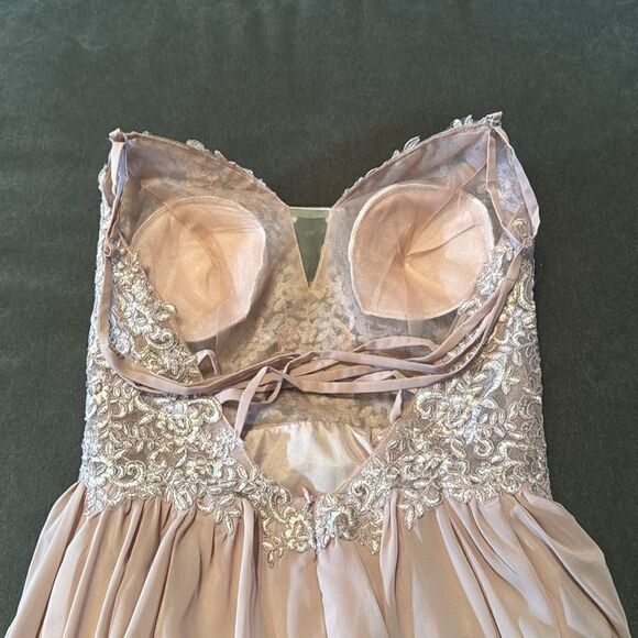 Women’s Pink Chiffon & Lace Appliqué Bridesmaid Dress Zip Up & Leg Slit Size 8 - Picture 10 of 12